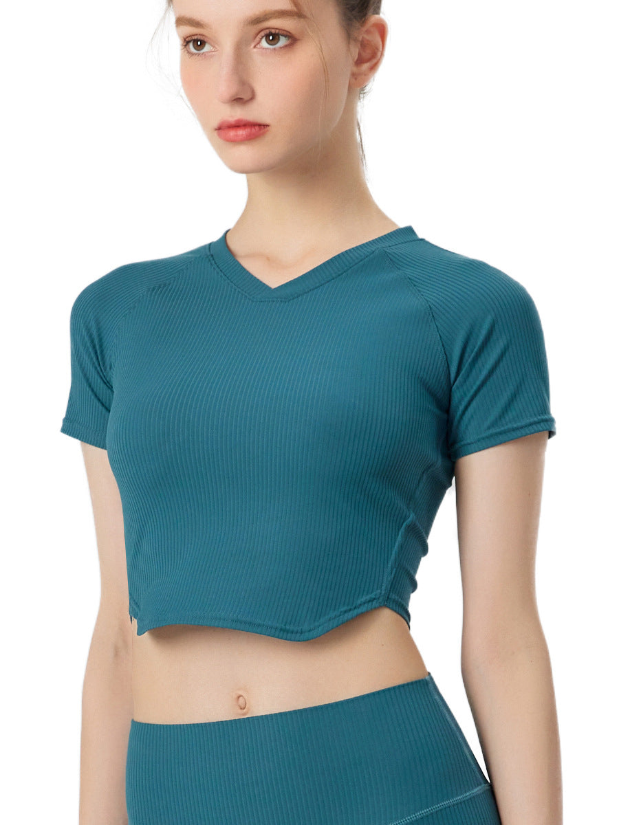 23.07 Thin ribbed yoga clothing women's top running short-sleeved t-shirt tight-fitting quick-drying sweat-absorbing short section navel v-neck training fitness clothing