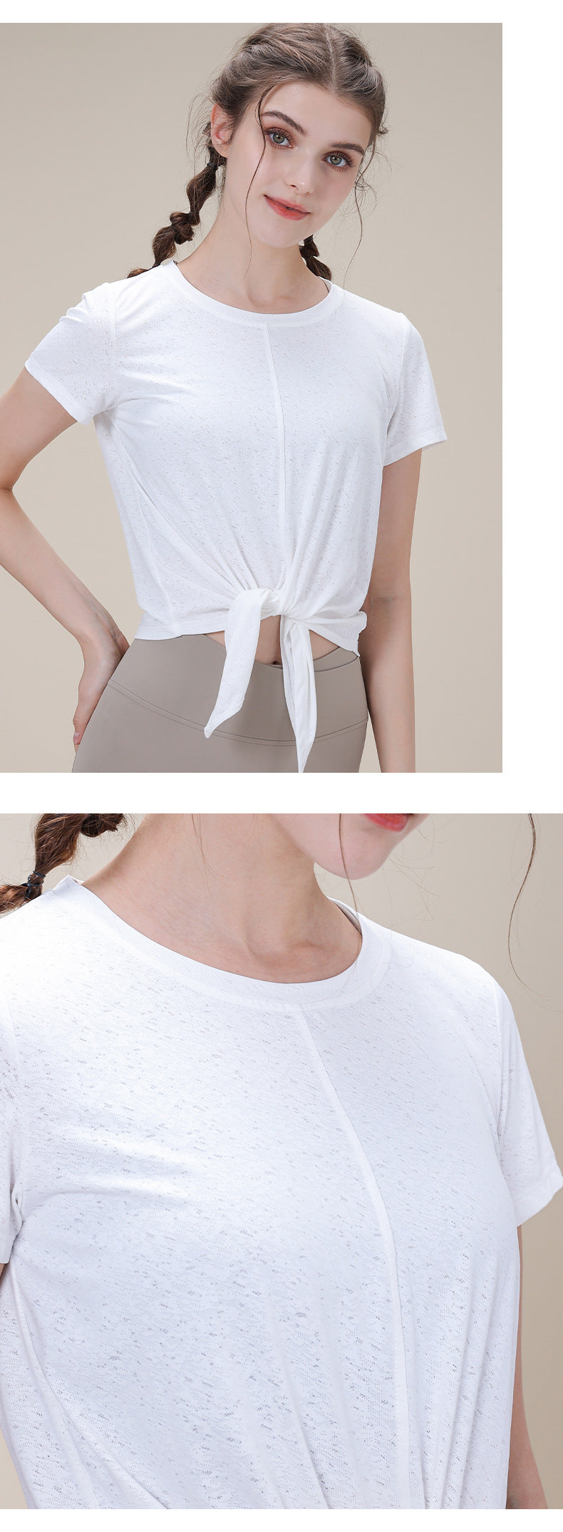 Summer new round neck jacquard sports short-sleeved hem slit strap quick-drying T-shirt slim waist yoga clothing