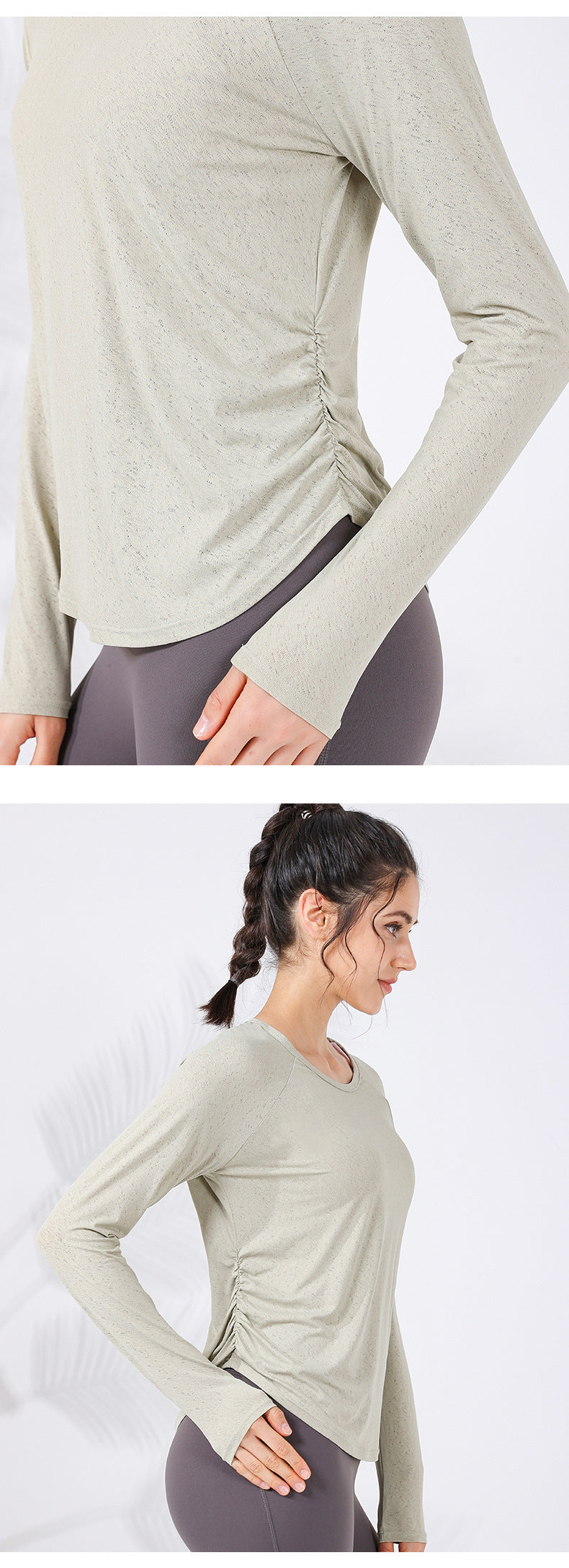 2023.09 New jacquard hollow out breathable sports long-sleeved adjustable waist drawstring to cover the meat curved hem fitness clothes for women