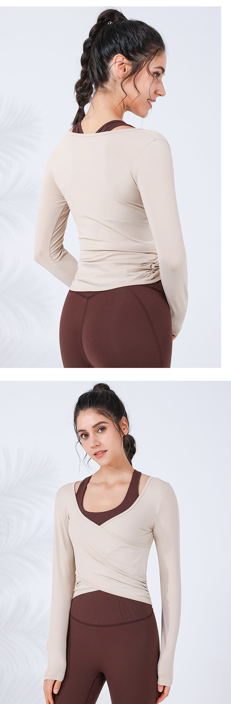 2023.09 New cross slimming running sports net red long-sleeved women's meat cover arc shrunken hem with chest pad fitness clothes