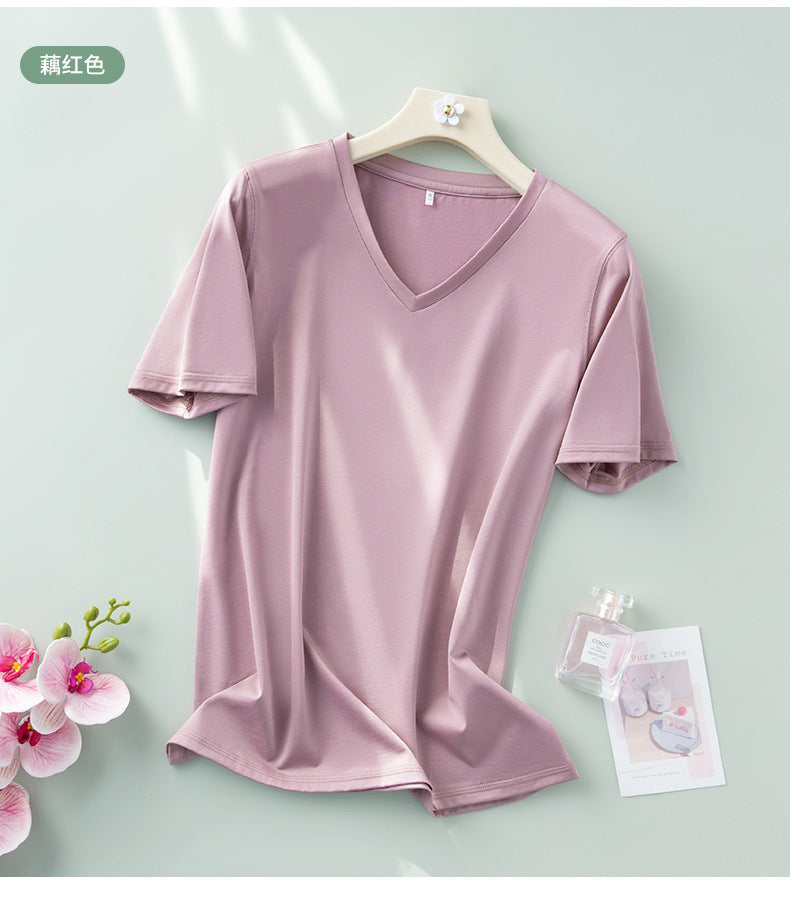 Light luxury mulberry silk short-sleeved t-shirt women's all-match V-neck top 2023 summer new cool V-neck half-sleeved bottoming shirt