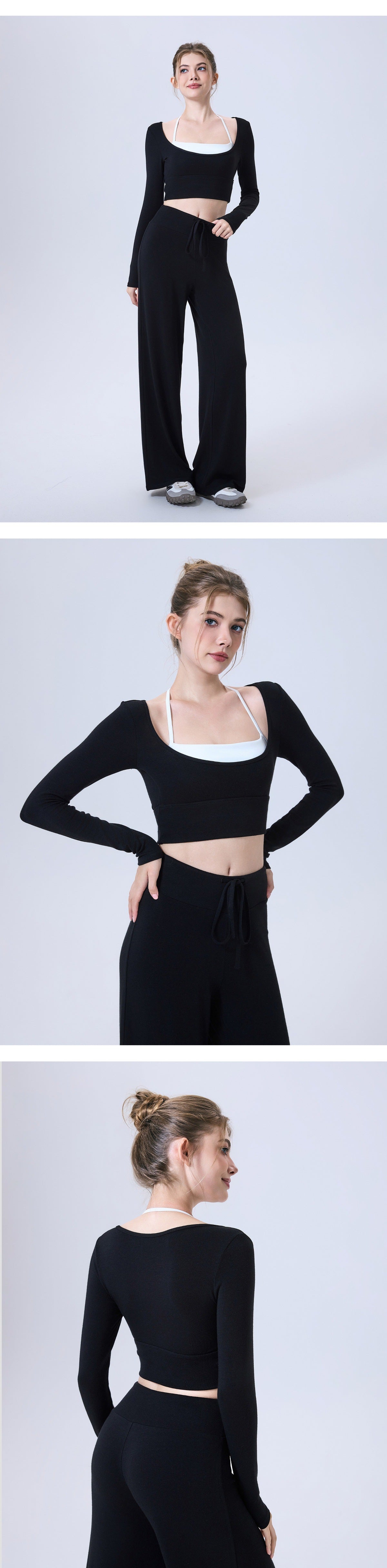 09/2025 Contrasting-color yoga pants with long sleeves, semi-fixed cup running slim-fit sports bra, breathable fitness top
