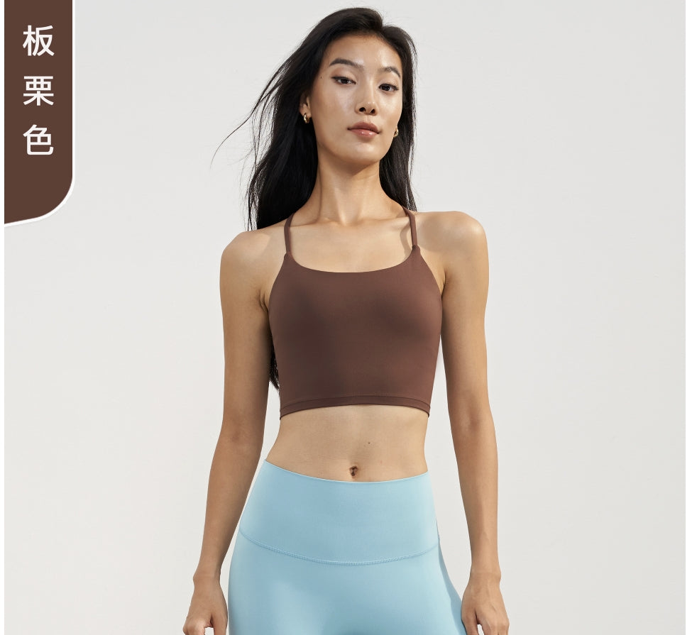 03/2024 No restocking after sold out sports bra summer new fitness yoga vest with chest pad cross halter thin shoulder strap women