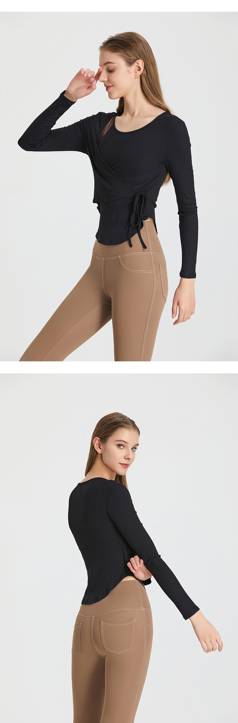 ribbed Loose tether breathable sports blouse female yoga clothing running quick-drying clothing training long-sleeved t-shirt fitness clothing top