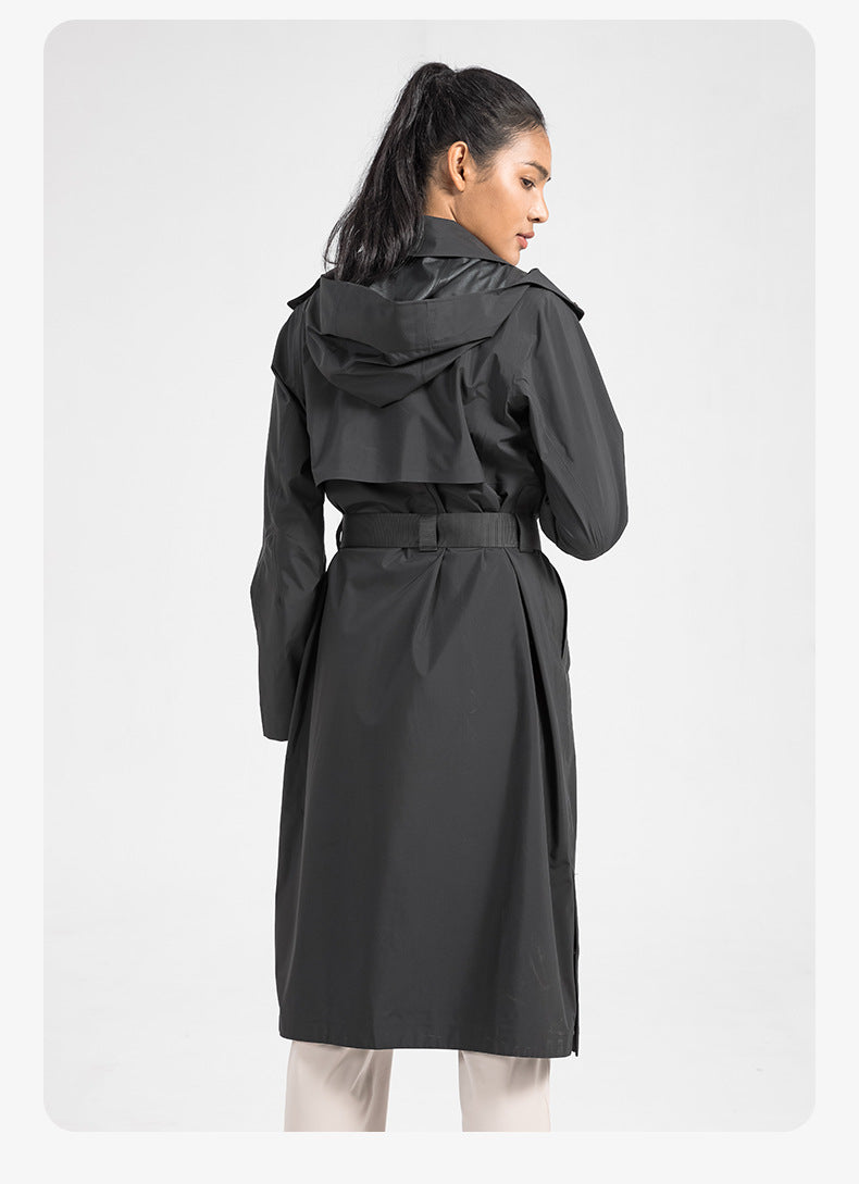2023.09 Waterproof and windproof SBS zipper detachable hooded jacket buckle waist heat seal lapel long women's trench coat