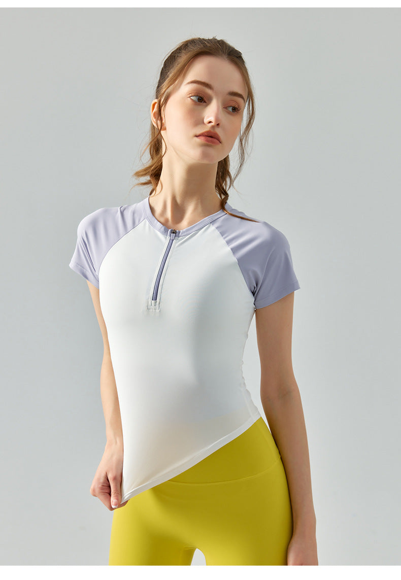 half-zipper yoga short-sleeved women's color-blocking slimming tight-fitting yoga t-shirt sports quick-drying fitness top