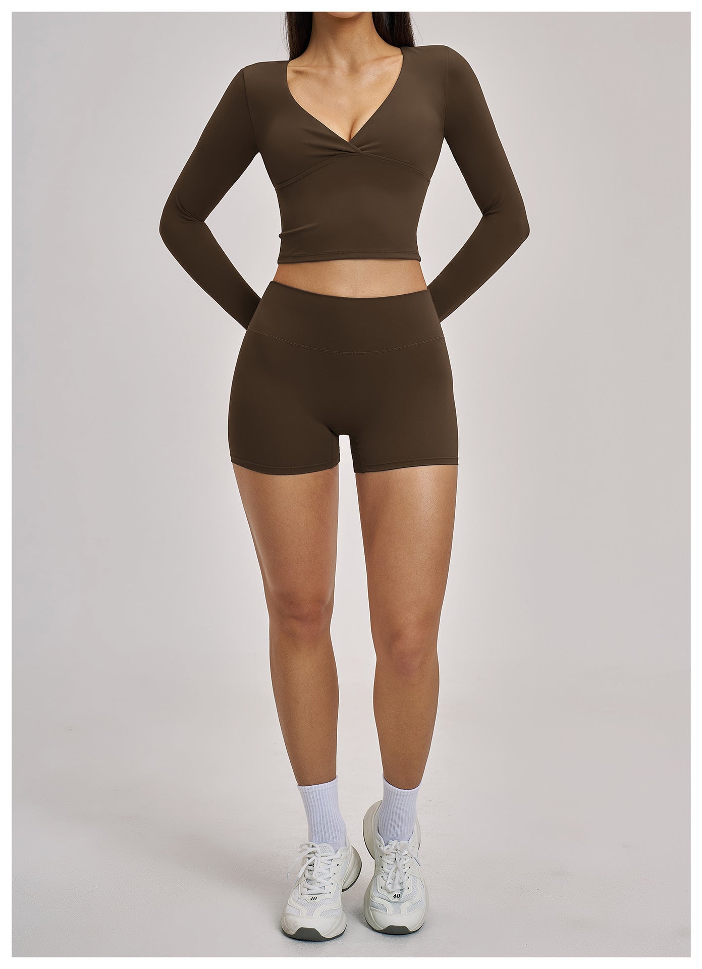 03/2026 European and American style long-sleeved yoga suit, sports running halter neck fitness suit, brushed backless yoga wear 4520