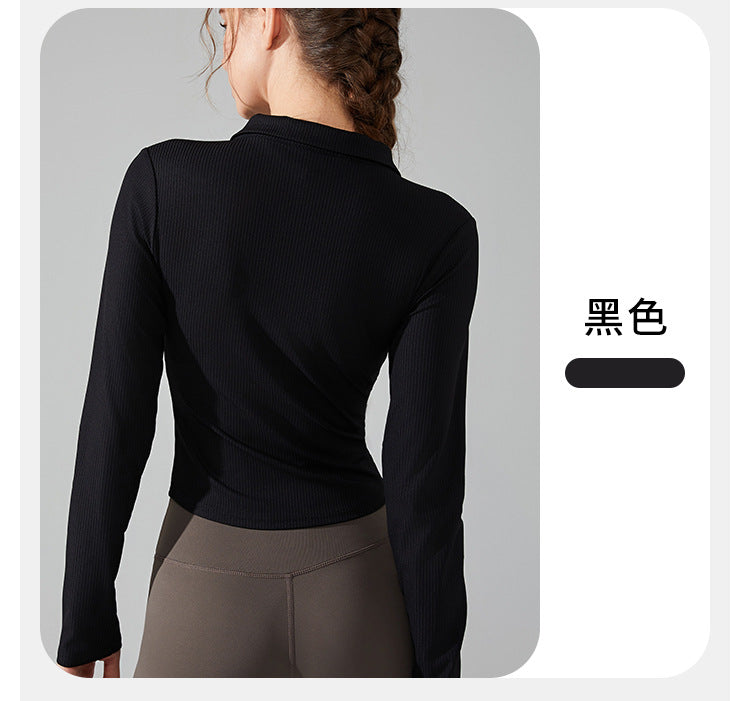 23.08 Autumn and winter lapel slim pocket long-sleeved yoga clothing front zipper sports jacket slim running fitness clothing top women