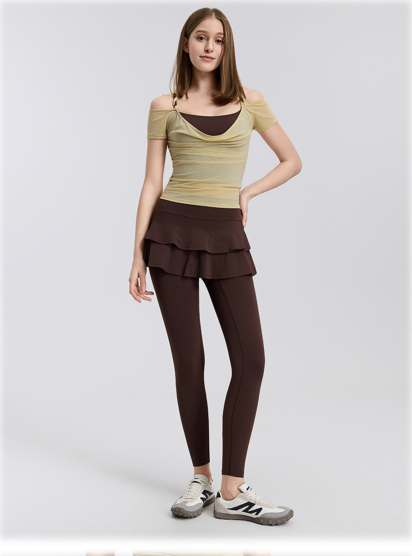 01/2026 High-waisted, two-piece design, nude-feel yoga pants/skirt, suitable for wearing as outerwear, running, sports, breathable, fitness, tights, dance skirt