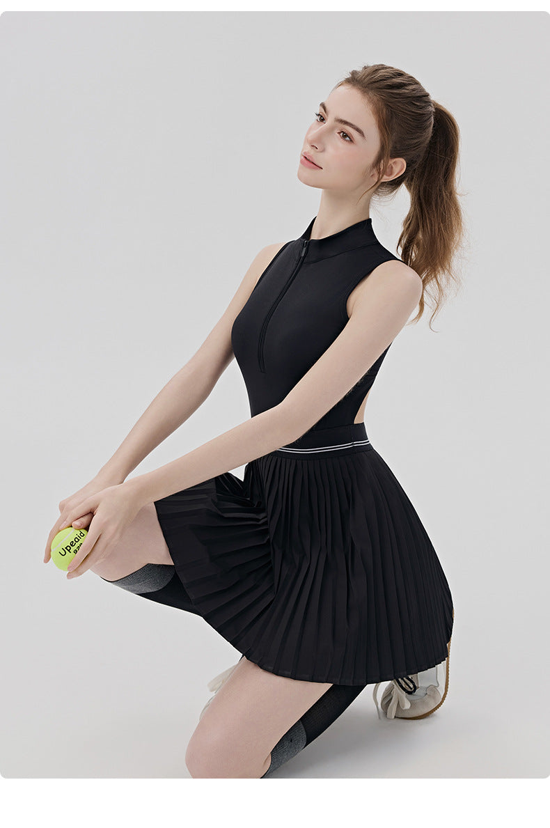 01/2026 Women's tennis dress with padded bra to prevent wardrobe malfunction, yoga bodysuit, badminton-inspired cool and breathable sports skirt/pants