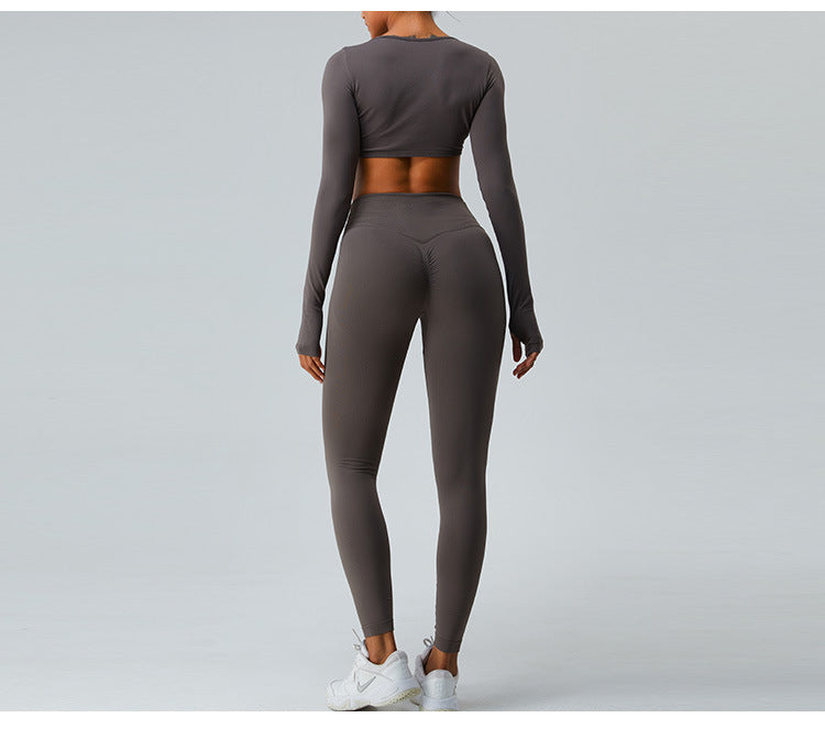 2023.09 Yoga clothes long sleeve set women feel folded yoga top cross belly peach pants fitness clothes