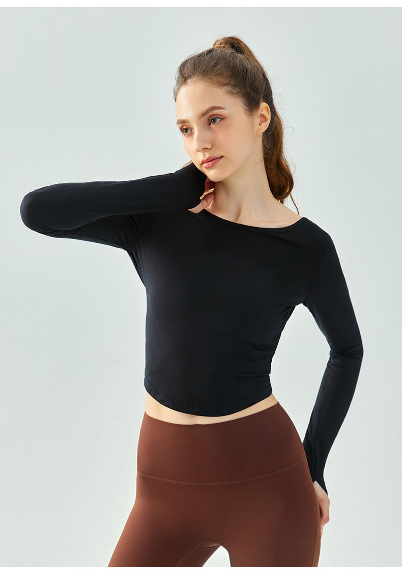 yoga clothing long-sleeved solid color loose sports top arc hem breathable quick-drying fitness clothing