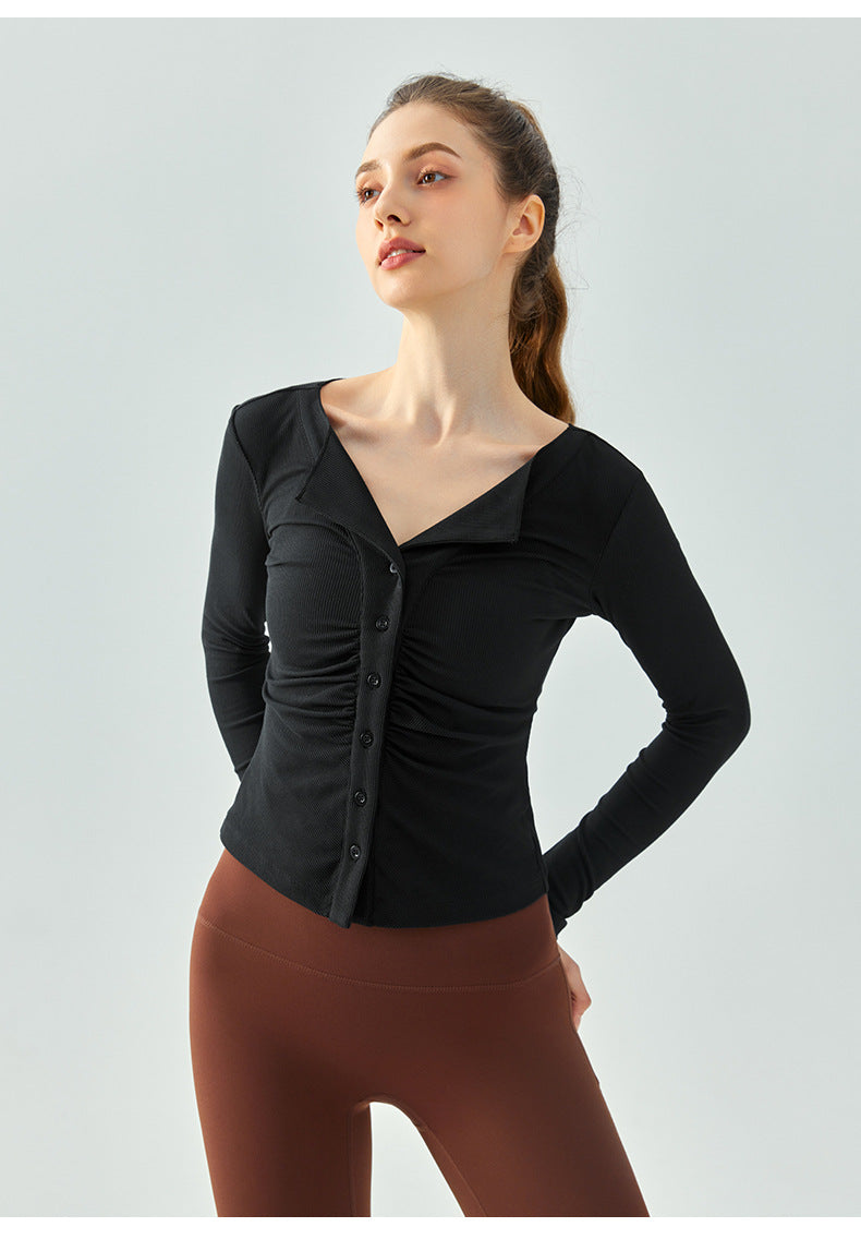 23.07 Lapel Thin Cardigan Yoga Jacket Autumn and Winter Chest Fold Slim Yoga Long-sleeved Fitness Top