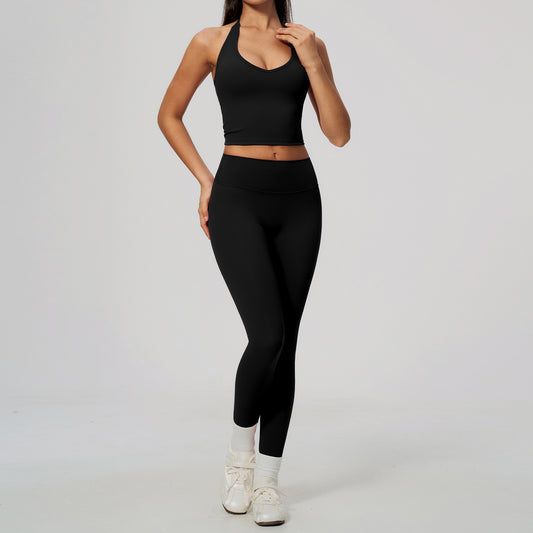 Wholesale Women’s Quick-Dry Activewear Set 5529 | Halter Tank & Sculpting Yoga Pants | fouregg - 5529 Vest + 8519 Pants, Classic Black