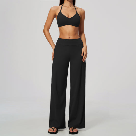 Wholesale Women’s Brushed Activewear Set | Halter Low-Rise Workout Wear 5555 | fouregg - 5555文胸+5555-1长裤—高级黑