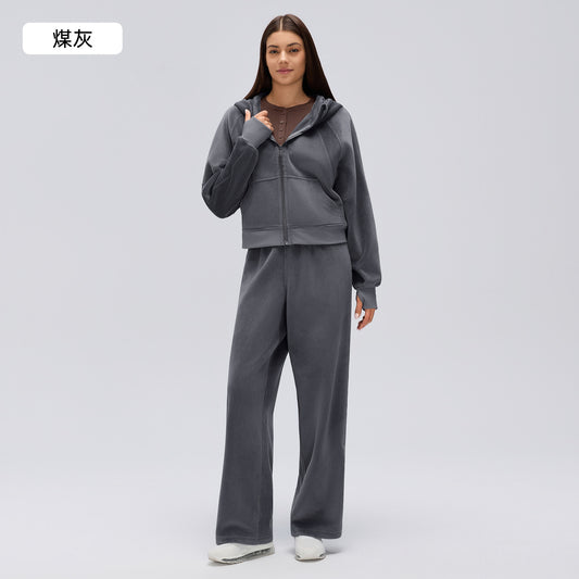 Wholesale Women’s Relaxed-Fit Activewear Set | Cropped Hooded Jacket & Slimming Straight-Leg Joggers | fouregg - Charcoal Gray (2-Piece Set)