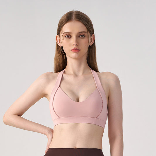 Wholesale Women’s Open-Back Sports Bra | Shockproof Supportive Yoga & Running Crop Top | fouregg - Clay Pink