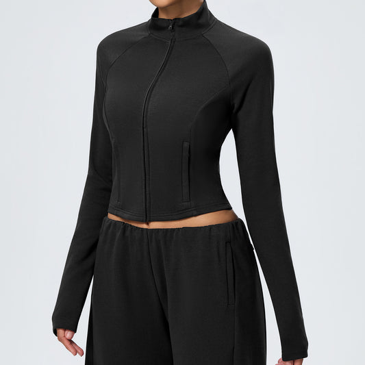 Wholesale Winter Activewear Jacket | Slim-Fit Heat-Retention Cropped Workout Top | fouregg - Black