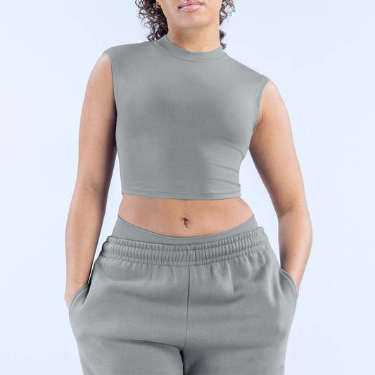 Wholesale Women’s Activewear Top | Quick-Dry Wide-Shoulder Crop Tank for Pilates & Training | fouregg - Dove Gray
