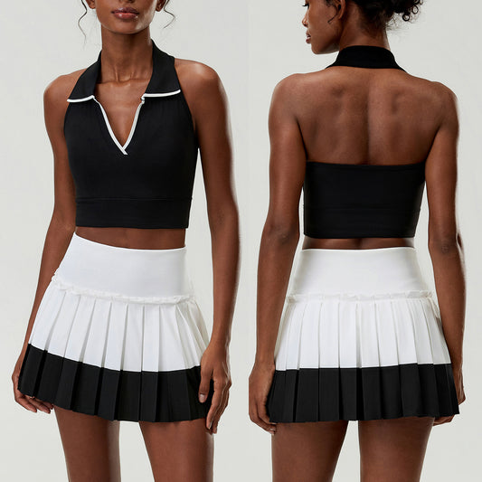 Wholesale Women's 2-Piece Tennis Skirt Set | Halter Sports Tank & Puff-Edge Skirt | Quick-Dry Activewear | fouregg - Black