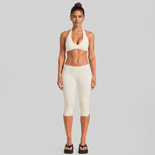 Wholesale Women’s Activewear Set | Halter Workout Top & Capri Pants for Running, Cycling & Pilates | fouregg - Albumen White