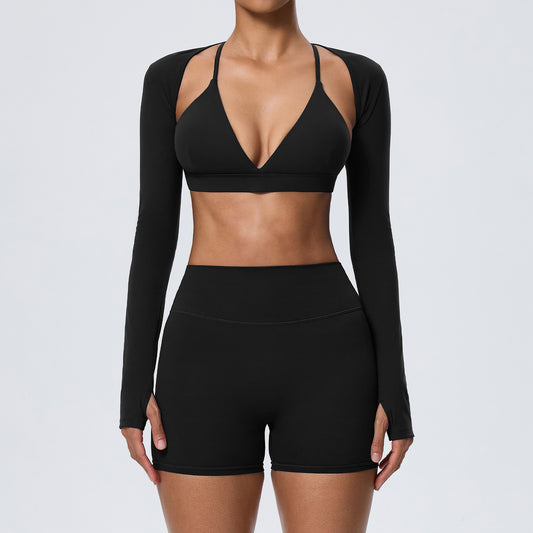 Wholesale Women’s Double-Brushed Activewear Set | Bulk 3-Piece Yoga & Running Outfit | fouregg - Black