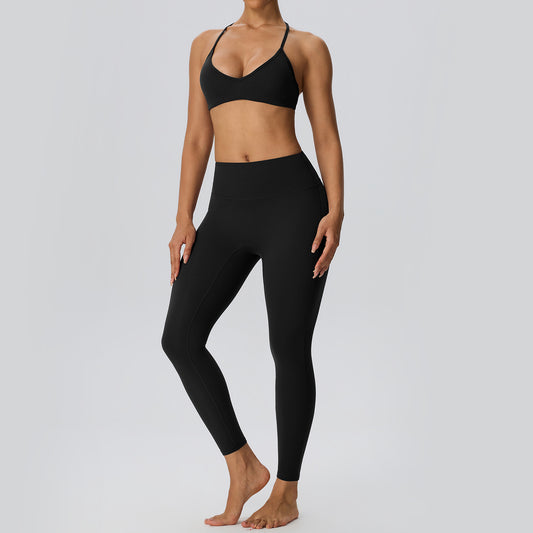 Wholesale Women’s Double-Brushed Yoga Set | Bulk Sculpting Sports Bra & High-Waist Leggings | fouregg - Black