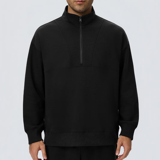 Wholesale Men’s Half-Zip Sports Pullover | Bulk Relaxed-Fit Thermal Workout Top 61531 | fouregg - Black