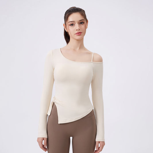 Wholesale Women’s Bow-Detail Workout Top | Split-Hem Off-Shoulder Running & Yoga Activewear | fouregg - Cream White