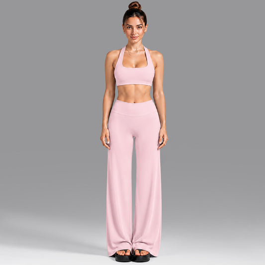Wholesale Women’s Summer Activewear Set | Built-In Cup Halter Bra & Open-Back Pilates Outfit | fouregg - Underwear + Pants Pink