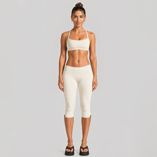 Wholesale Women’s Activewear Set | Quick-Dry Halter Bra & Low-Waist Cycling Shorts | fouregg - Mid-Length Shorts Set, Off-White