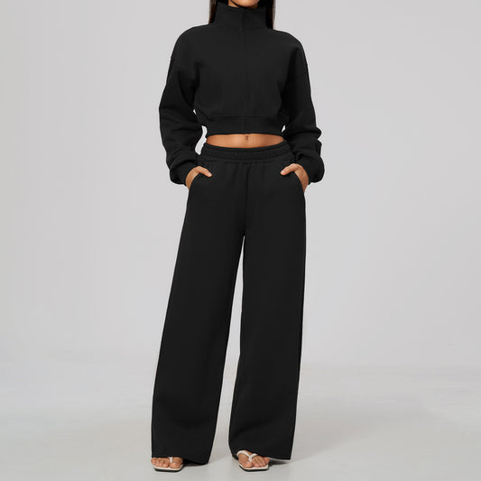 Wholesale Women’s Fleece Tracksuit | Bulk Cropped Jacket & Wide-Leg Pants 3615 | fouregg - 3615 Jacket+3615 Sweatpants—Black