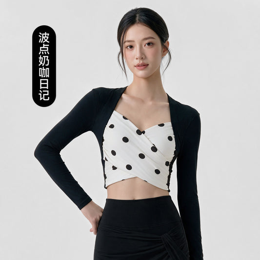 Wholesale Women’s Long Sleeve Pilates Top | Bulk Strapless-Look Slim-Fit Workout Shirt | fouregg - Polka Dot Cream