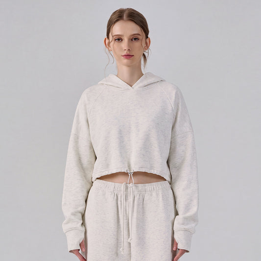 Wholesale Women’s Cropped Sweatshirt | Bulk Relaxed-Fit Hooded Workout Top | fouregg - White Linen Gray