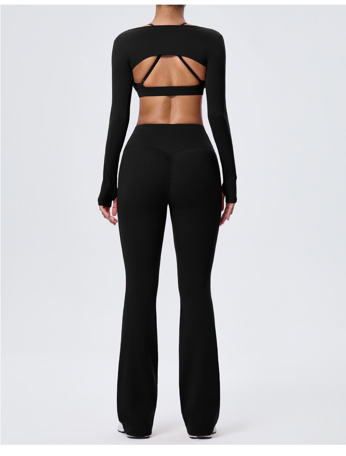 Wholesale Nude-Feel Activewear Set | Double-Brushed Bra, Butt-Lift Flare Pants & Cover-Up | fouregg
