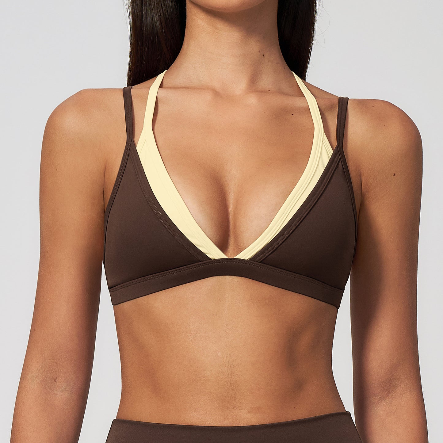 fouregg Faux Twinset Yoga Bra Contrast Color Strappy Back Sports Bra #6116