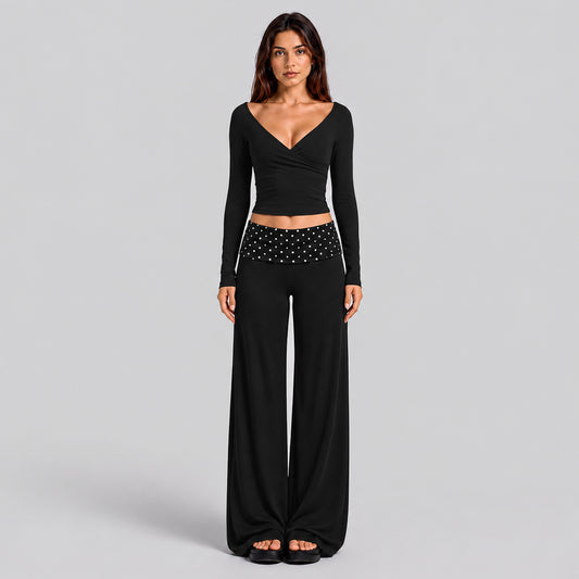 Wholesale Women’s Activewear Set | Color-Block Off-Shoulder Top & Polka Dot Workout Trousers | fouregg - Black
