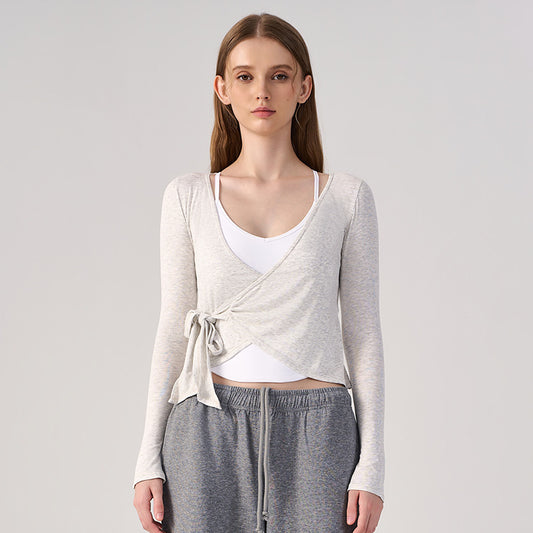 Wholesale Women’s Wrap Yoga Top | Thin Long-Sleeve Crossover Cardigan for Pilates & Activewear | fouregg - White Heather Gray