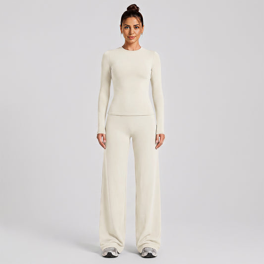 Wholesale Women’s Activewear Set | Slim-Fit Long Sleeve Tee & High-Waisted Loose Workout Pants | fouregg - Albumin