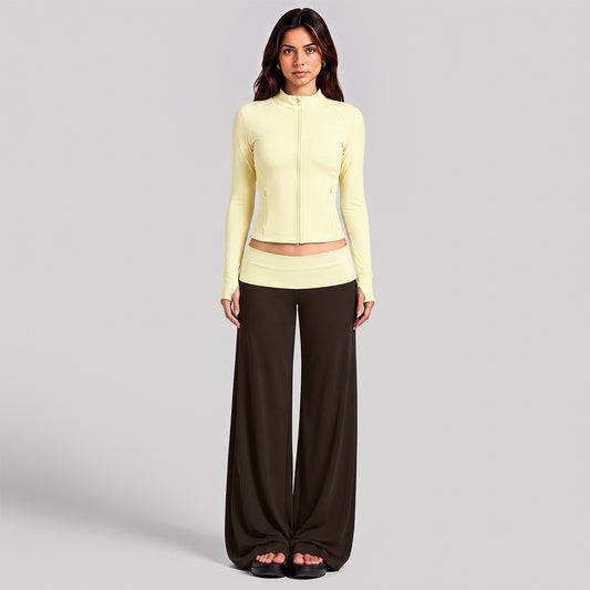 Wholesale Women’s Activewear Set | Color-Block High-Neck Jacket & Quick-Dry Workout Trousers | fouregg - Cream Yellow