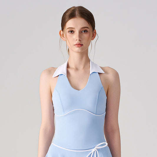 Wholesale Women’s Halter Polo Tank Top | Bulk Breathable Padded Yoga & Fitness Wear | fouregg - Windmill Blue