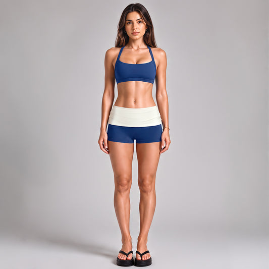 Wholesale Women’s Activewear Set | Workout Bra & Loose-Fit Color-Block Yoga Trousers | fouregg - Shorts + Underwear, Dark Blue