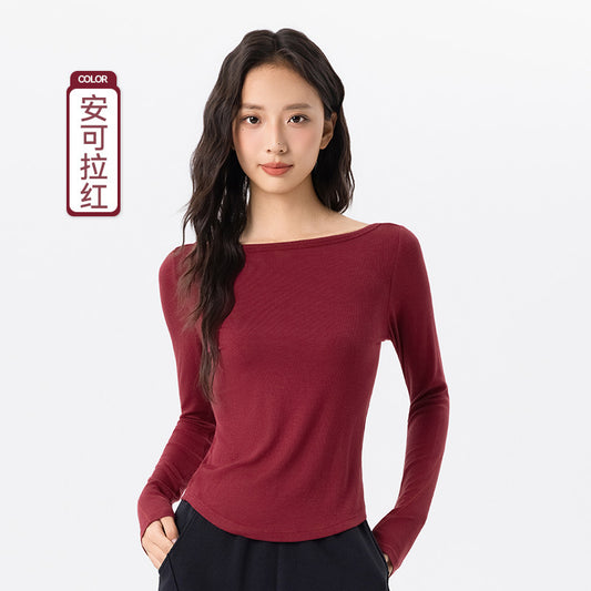 09/2025 Modal long-sleeved yoga wear for women, soft, comfortable, breathable, fitness t-shirt, slimming Pilates sports top