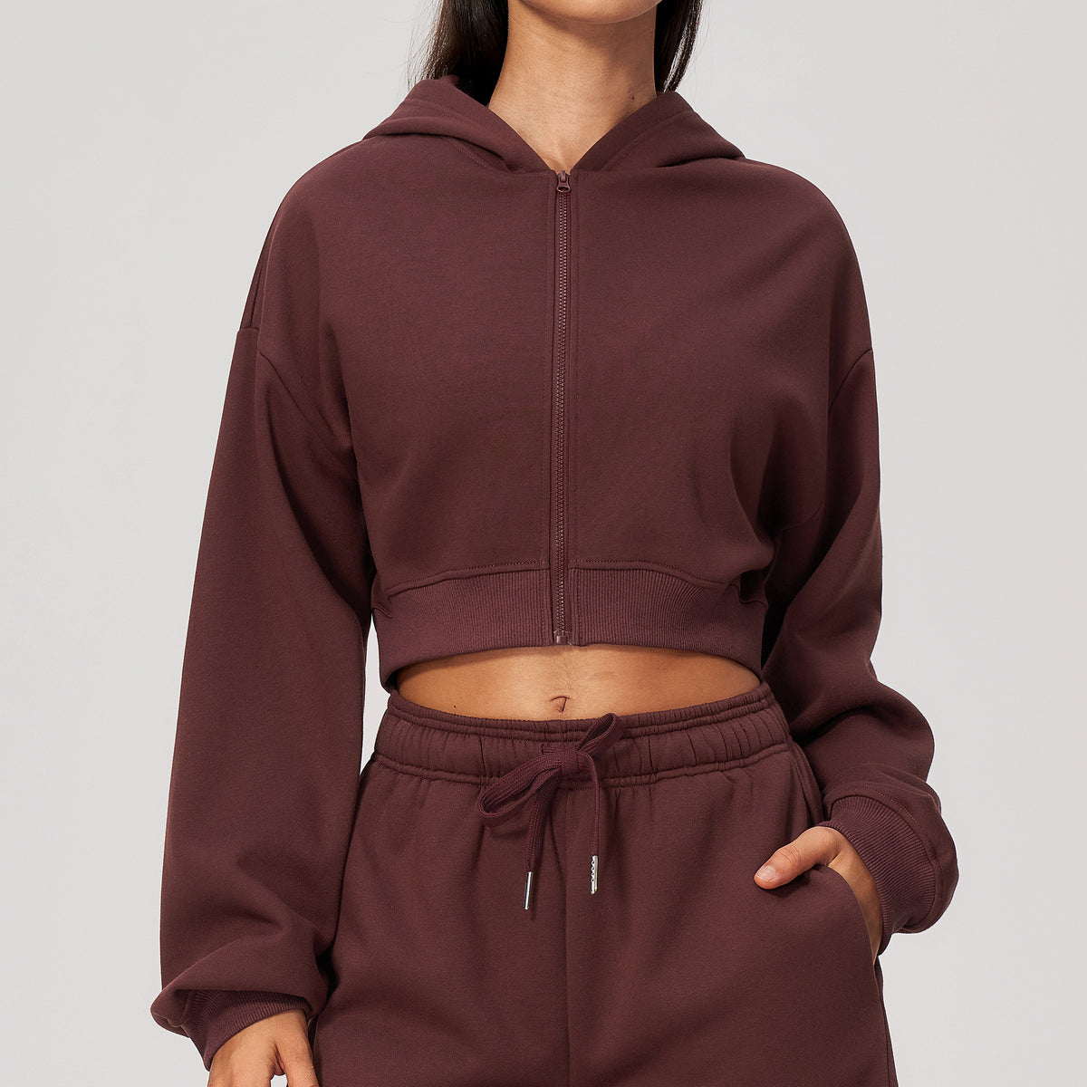 Wholesale Cropped Hoodie Jacket | Bulk Slim Fit Zip-Up Workout Activewear | fouregg