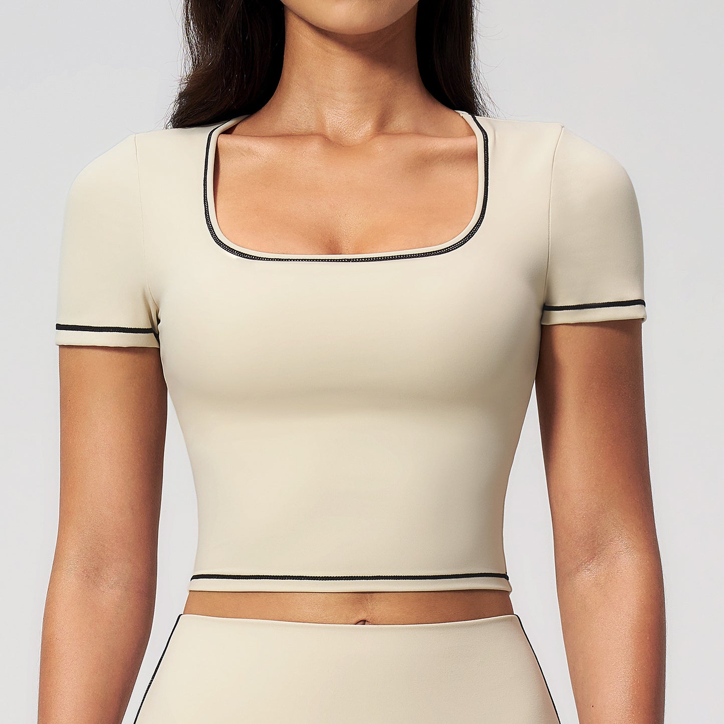 Custom Logo 2036 Crop Top | Low MOQ Wholesale | Color-Block Tight Gym Shirt | fouregg
