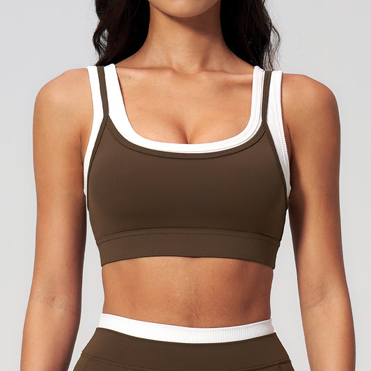10/2025 Faux two-piece sports bra, ribbed color-blocked yoga bra, running fitness sports bra 3129