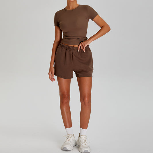 05/2025 Summer new casual loose sports two-piece suit for women quick-drying heat dissipation round neck threaded T-shirt fitness running suit