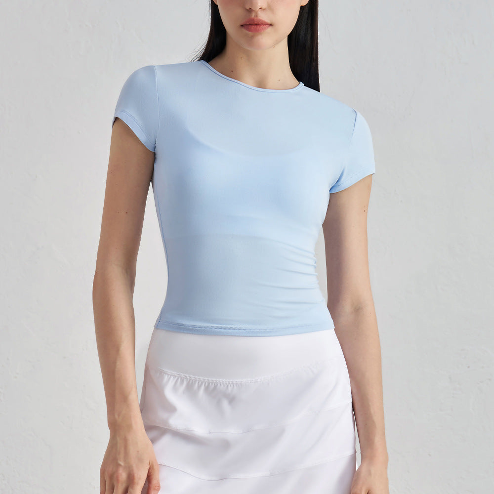 10/2024 Round neck casual sports short sleeve waist waist slim breathable yoga T-shirt outdoor running training nude fitness top