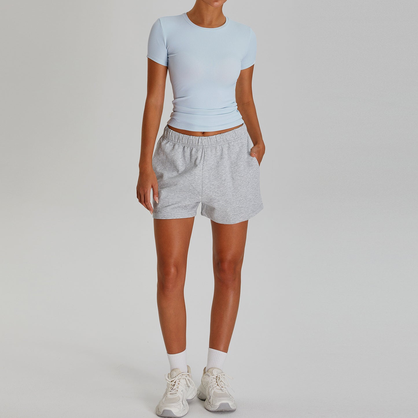 05/2025 Summer new casual loose sports two-piece suit for women quick-drying heat dissipation round neck threaded T-shirt fitness running suit