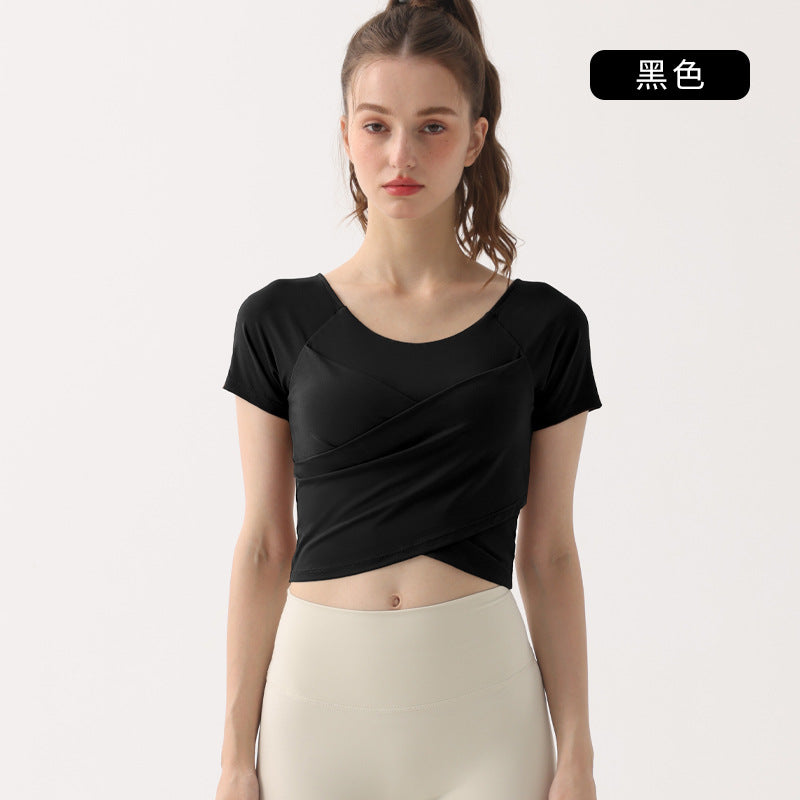 Haut de sport fin d'été avec coussinet de poitrine, t-shirt à manches courtes, coupe slim, croisé, pour le yoga, respirant, séchage rapide